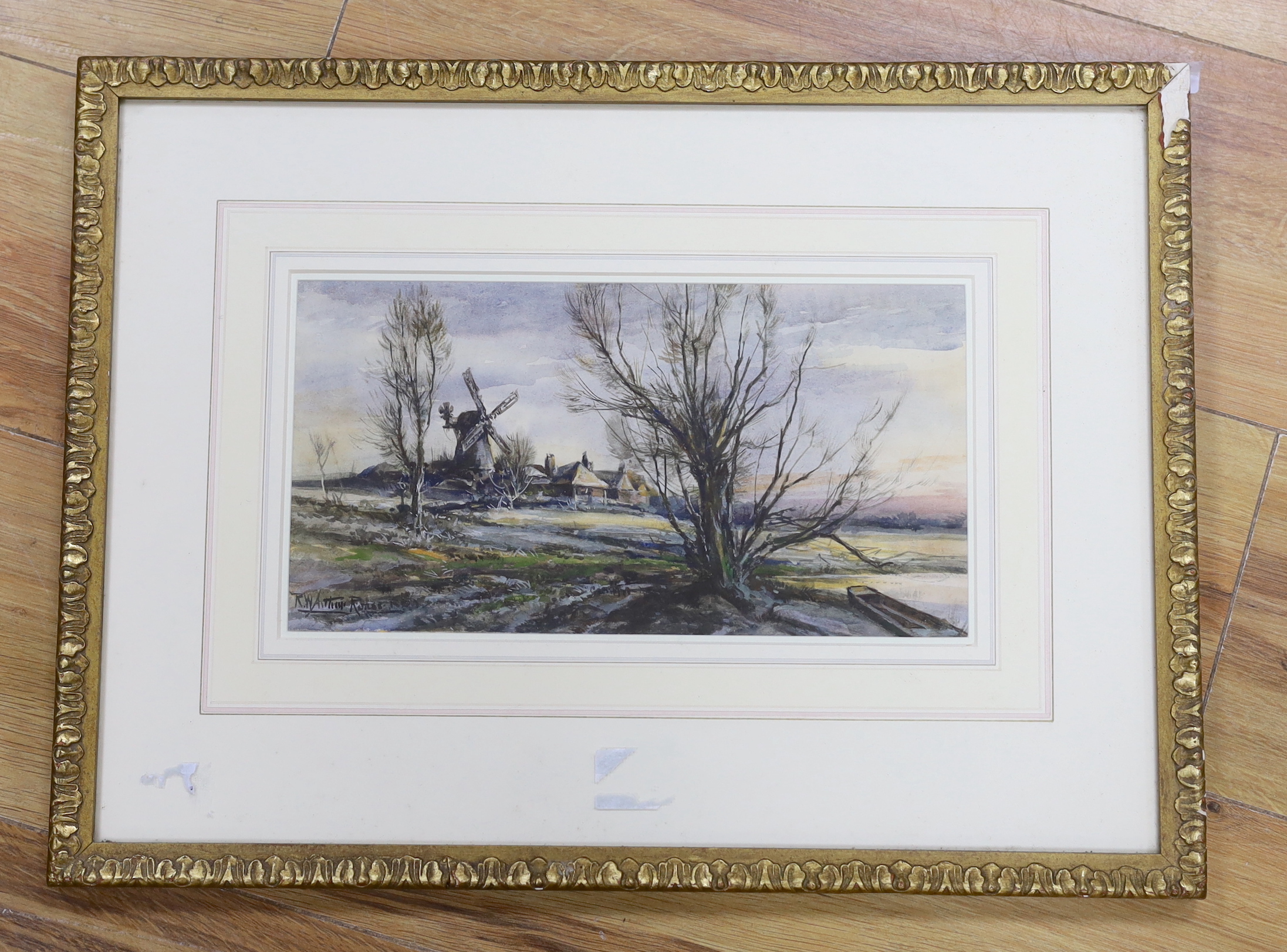 Robert William Arthur Rouse (fl.1882-1929), watercolour, Windmill in a winter landscape, signed, 15 x 28cm